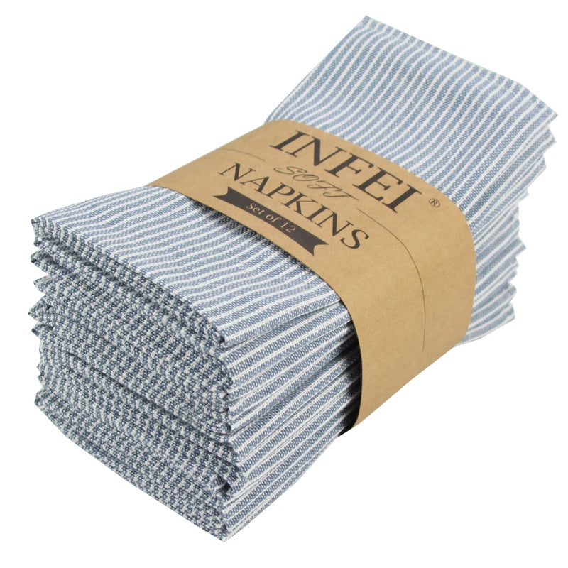 INFEI Narrow Striped Cotton Linen Blended Dinner Cloth Napkins - Set of 12 (40 x 40 cm) - for Events & Home Use (Blue) - Image 1